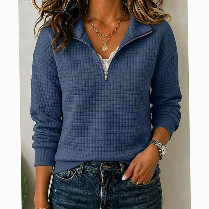 Women's Quilted Quarter-Zip Pullover Sweater Stand Collar - Navy Blue