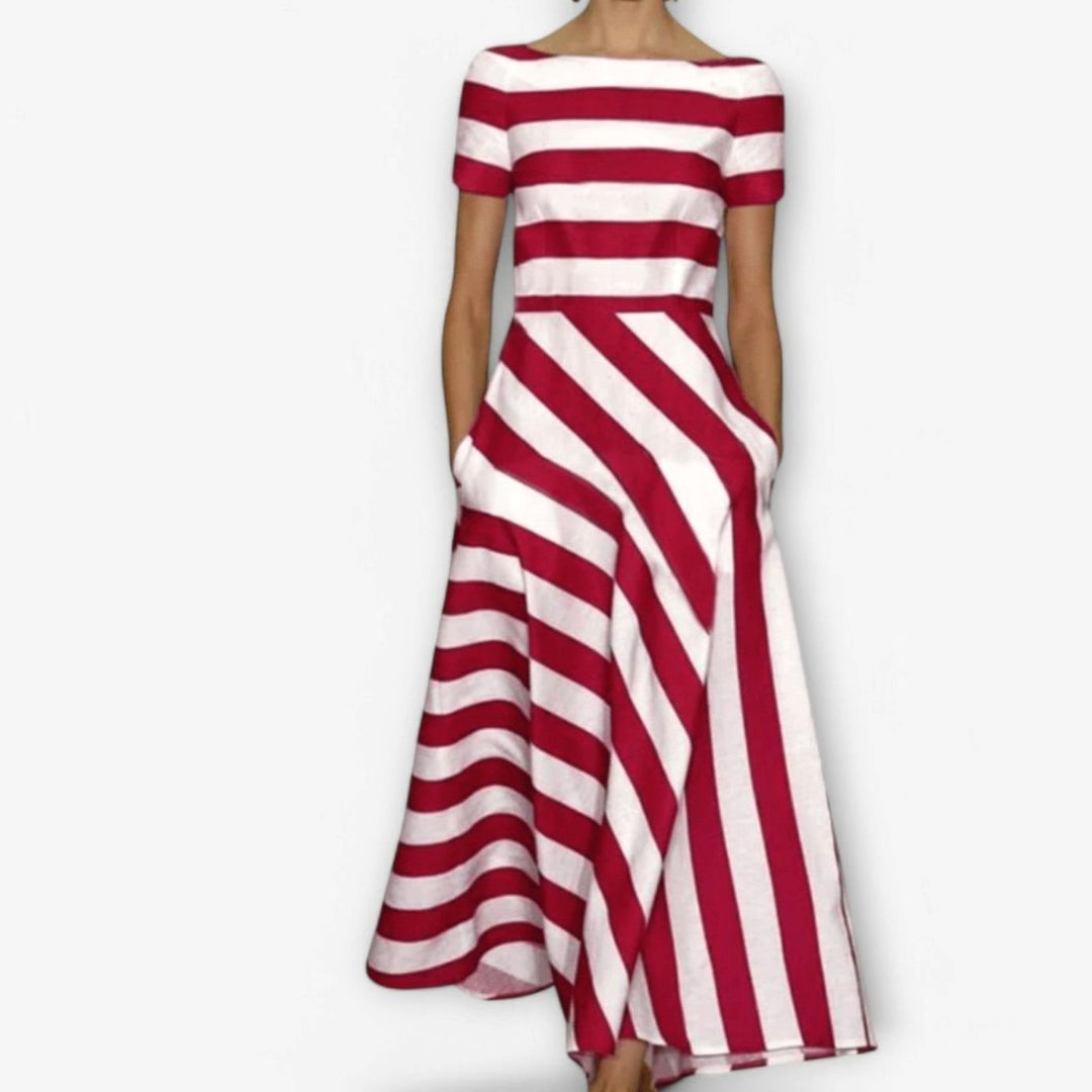 Women's Red White Striped A-Line Boatneck Maxi Dress - Red