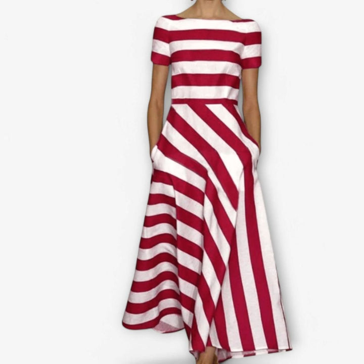 Women's Red White Striped A-Line Boatneck Maxi Dress - Red