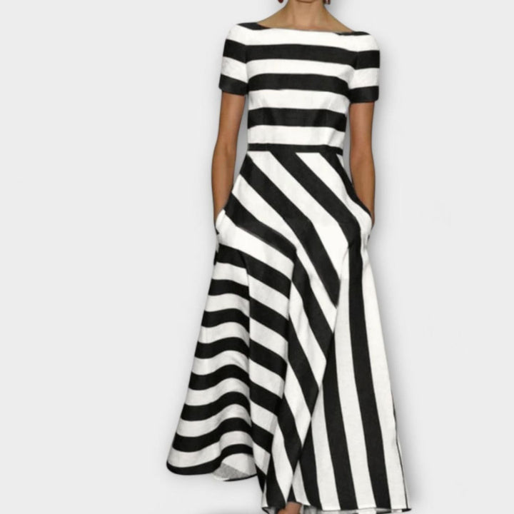 Women's Red White Striped A-Line Boatneck Maxi Dress - Black