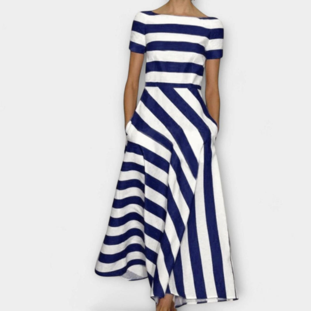Women's Red White Striped A-Line Boatneck Maxi Dress - Dark Blue