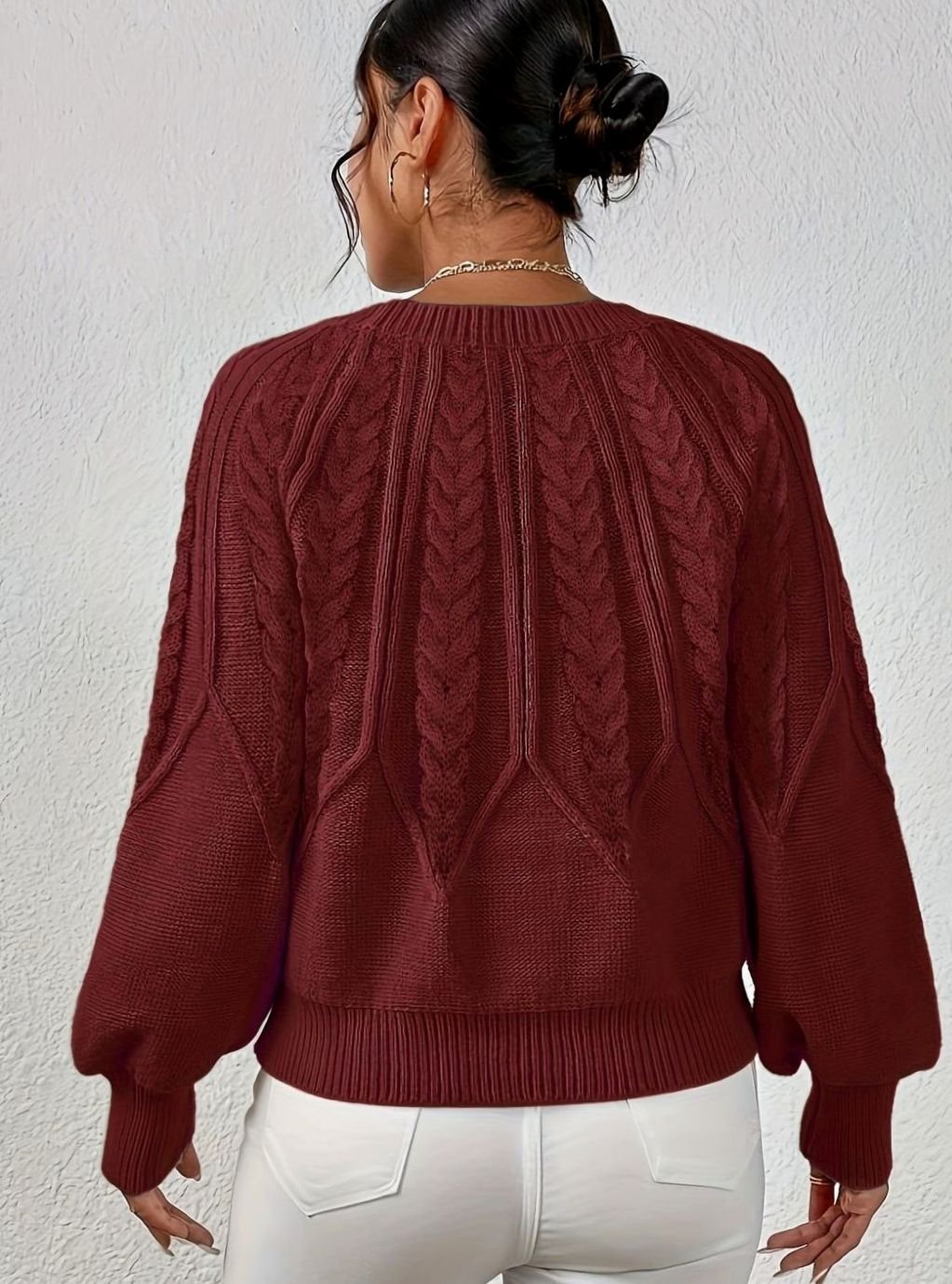 Women's Relaxed Cable-Knit Lantern-Sleeve Sweater