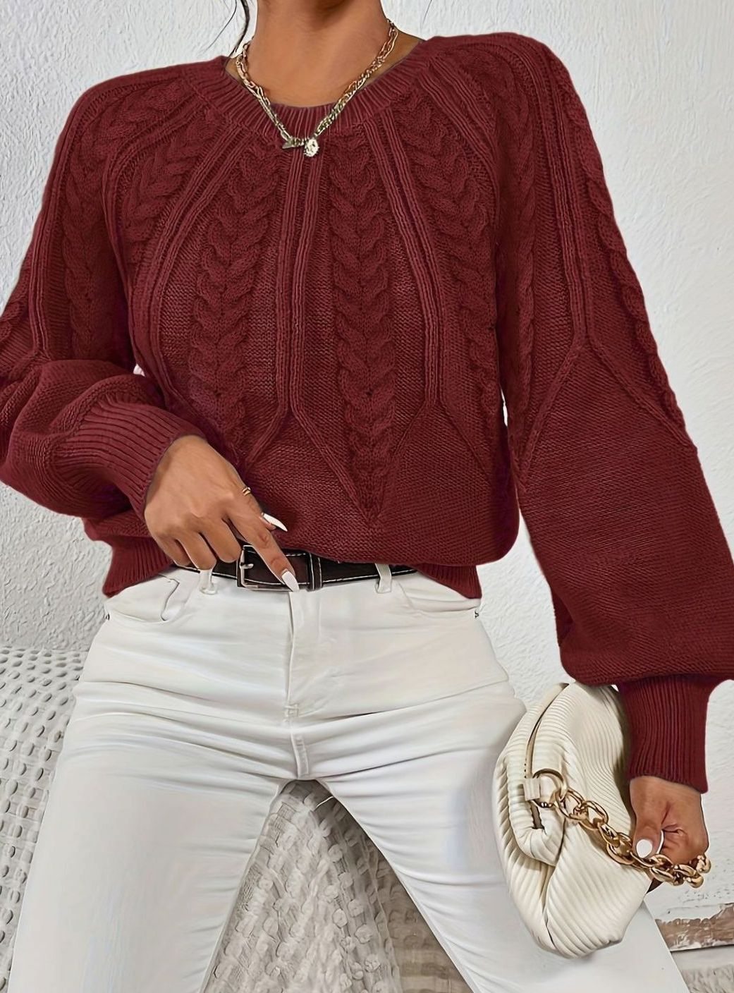 Women's Relaxed Cable-Knit Lantern-Sleeve Sweater