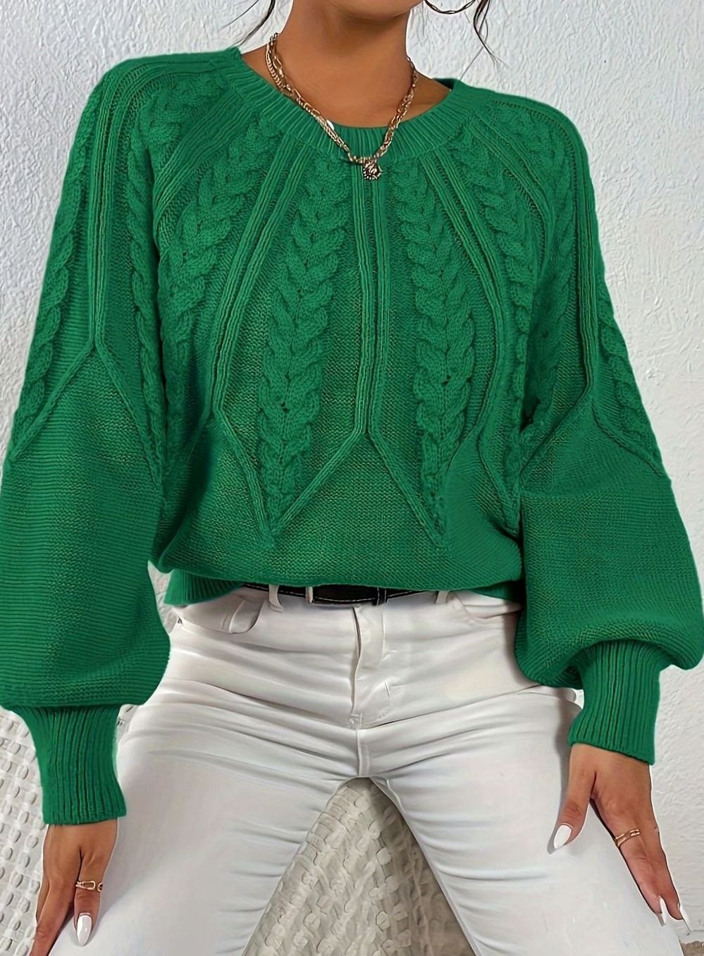 Women's Relaxed Cable-Knit Lantern-Sleeve Sweater