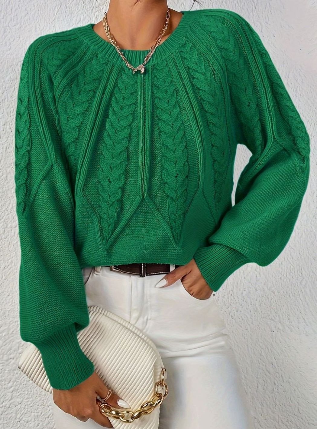 Women's Relaxed Cable-Knit Lantern-Sleeve Sweater