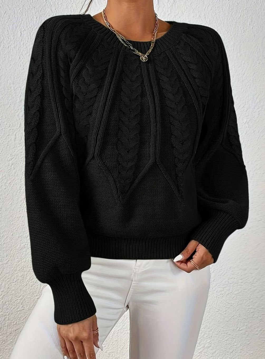 Women's Relaxed Cable-Knit Lantern-Sleeve Sweater