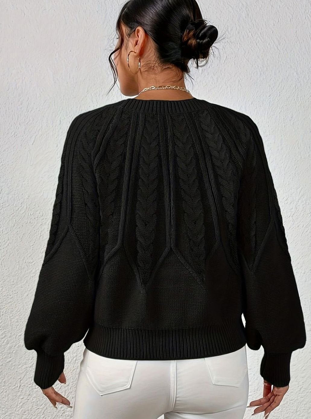 Women's Relaxed Cable-Knit Lantern-Sleeve Sweater