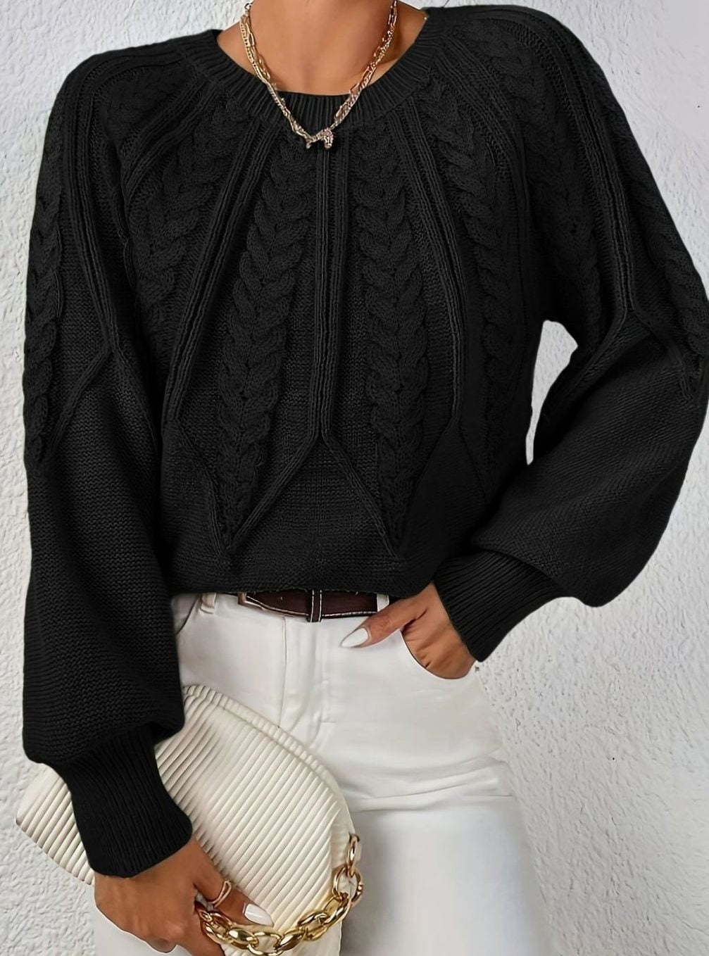 Women's Relaxed Cable-Knit Lantern-Sleeve Sweater