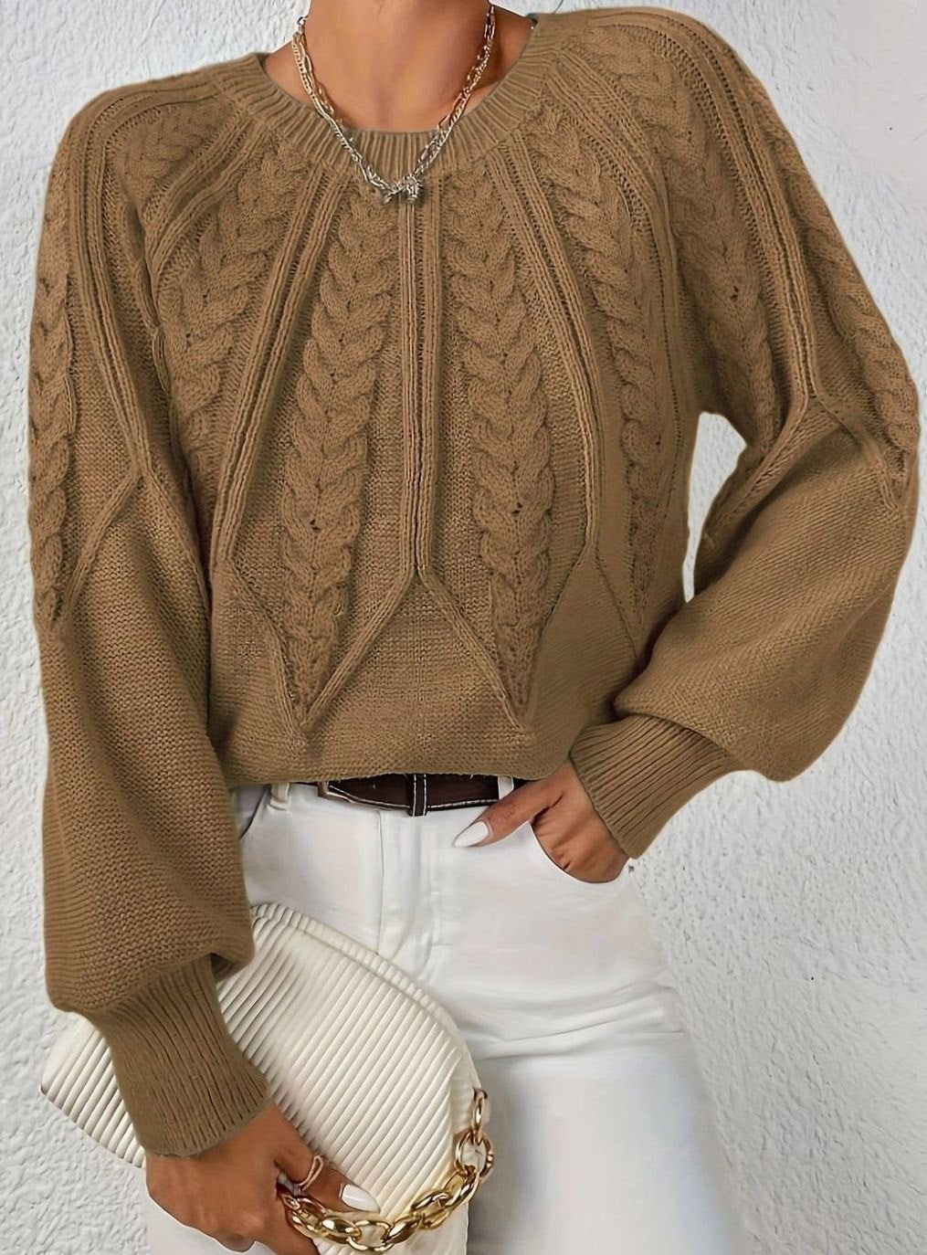 Women's Relaxed Cable-Knit Lantern-Sleeve Sweater