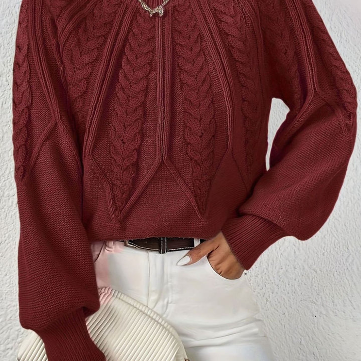 Women's Relaxed Cable-Knit Lantern-Sleeve Sweater - Burgundy