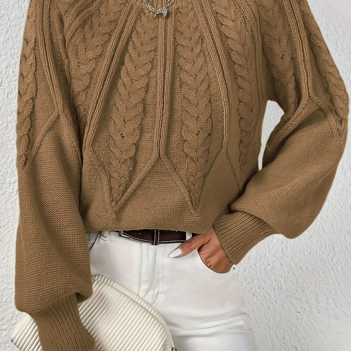 Women's Relaxed Cable-Knit Lantern-Sleeve Sweater - Camel