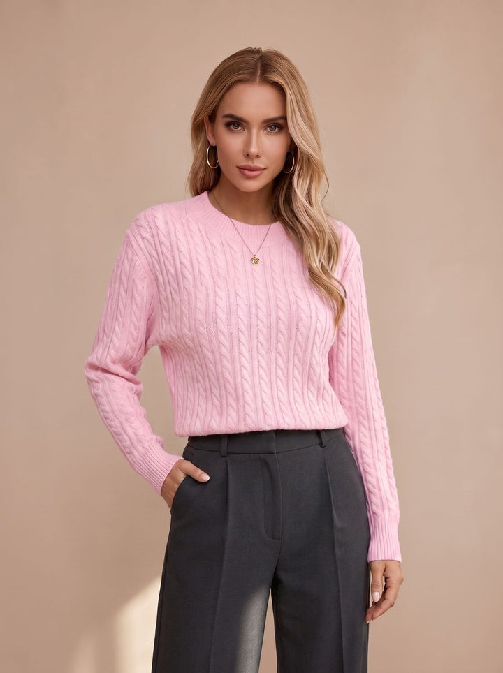 Women's Relaxed Cable Knit Sweater Round Neckline Long Sleeve - Pink/White
