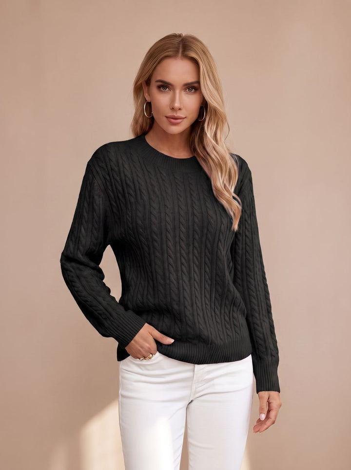 Women's Relaxed Cable Knit Sweater Round Neckline Long Sleeve - Black