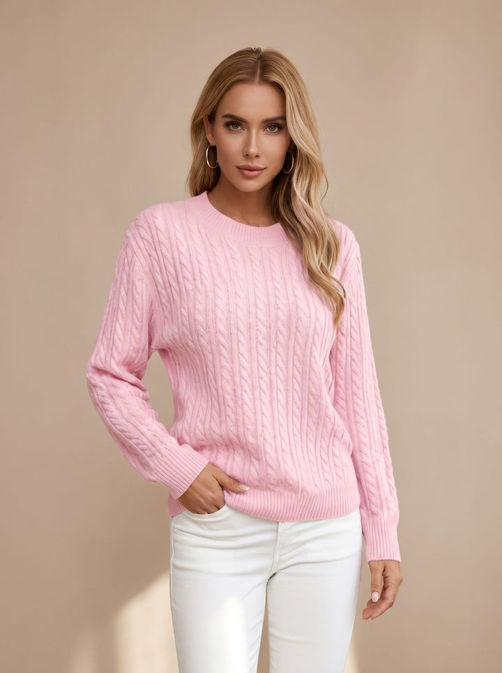 Women's Relaxed Cable Knit Sweater Round Neckline Long Sleeve