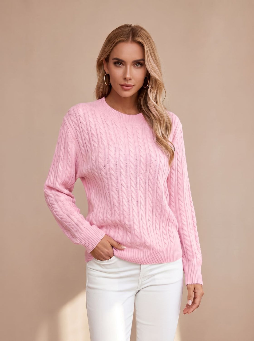 Women's Relaxed Cable Knit Sweater Round Neckline Long Sleeve