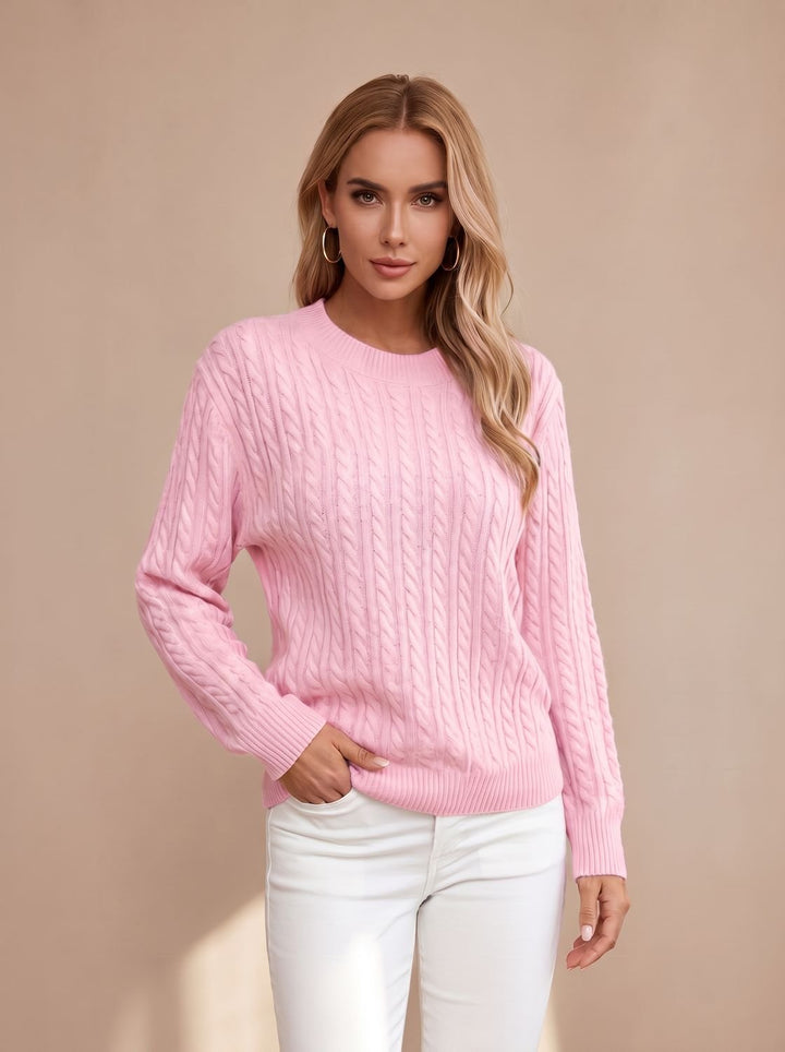 Women's Relaxed Cable Knit Sweater Round Neckline Long Sleeve
