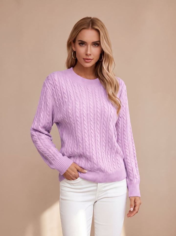 Women's Relaxed Cable Knit Sweater Round Neckline Long Sleeve - Purple