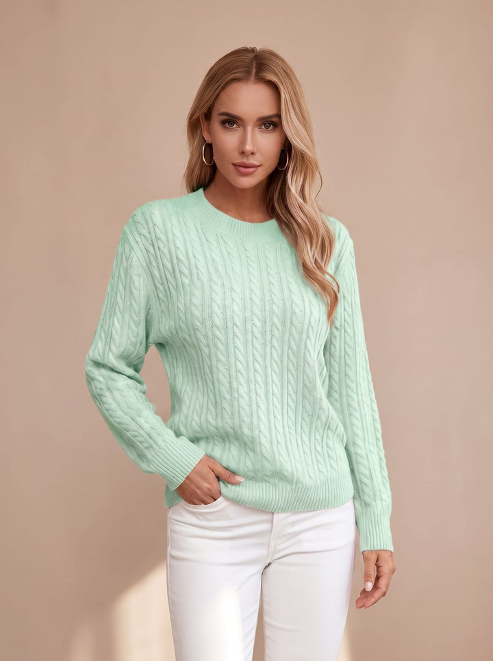 Women's Relaxed Cable Knit Sweater Round Neckline Long Sleeve - Light Green