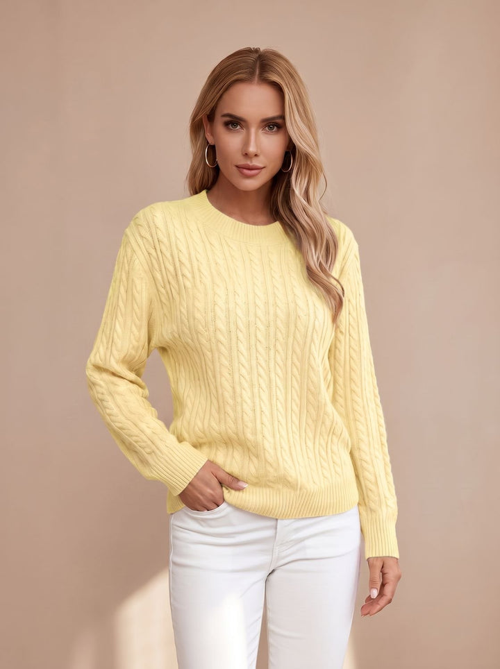 Women's Relaxed Cable Knit Sweater Round Neckline Long Sleeve - Yellow