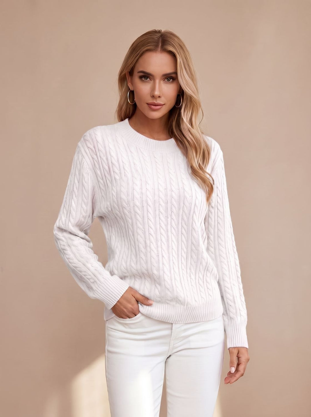 Women's Relaxed Cable Knit Sweater Round Neckline Long Sleeve - White