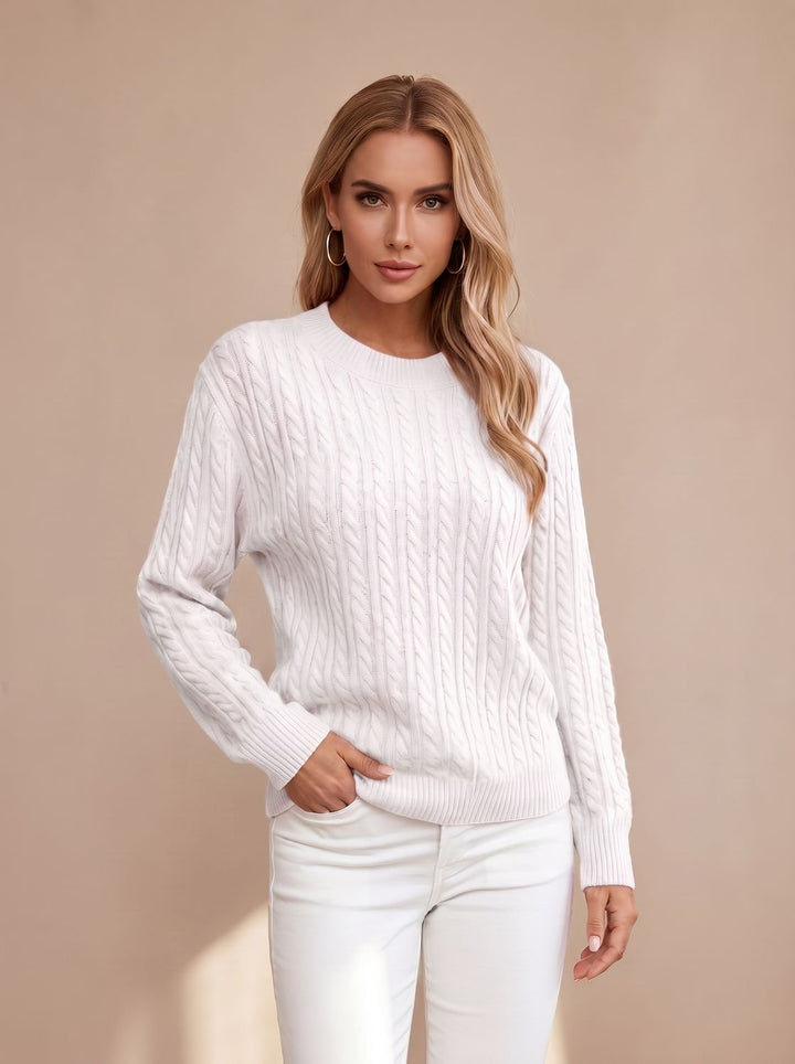 Women's Relaxed Cable Knit Sweater Round Neckline Long Sleeve - White