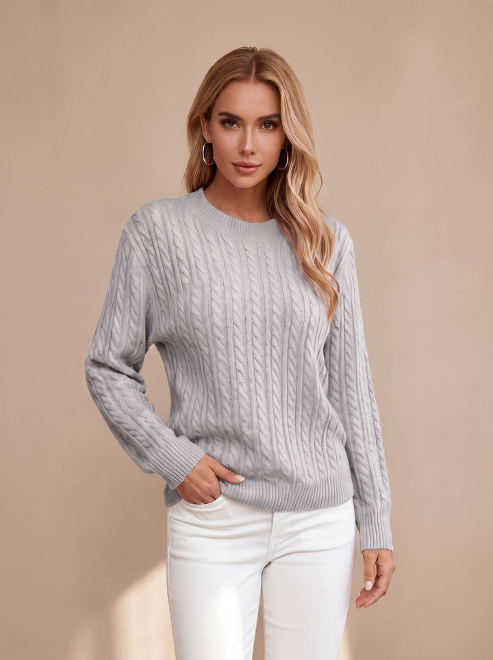 Women's Relaxed Cable Knit Sweater Round Neckline Long Sleeve - Gray