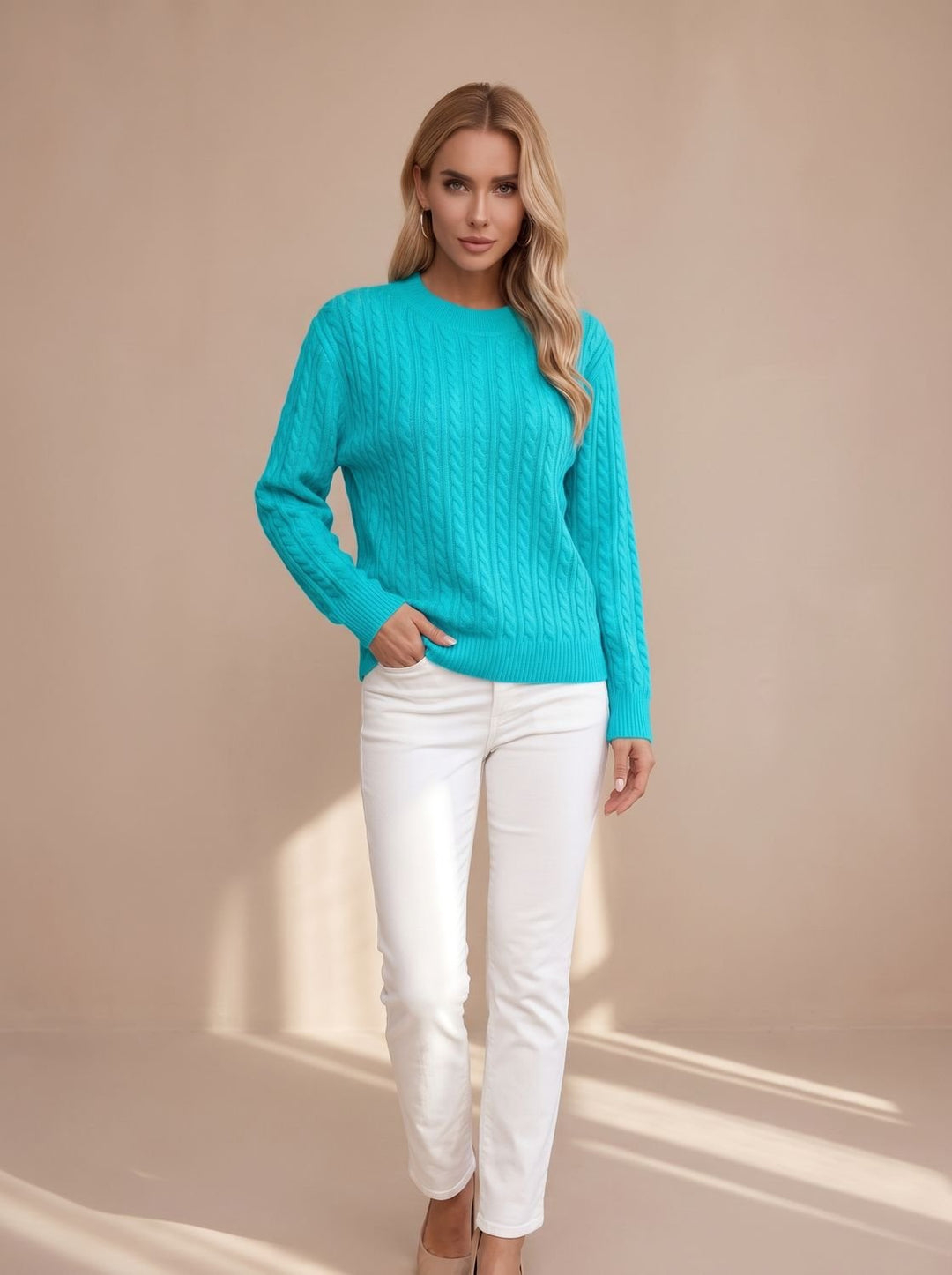 Women's Relaxed Cable Knit Sweater Round Neckline Long Sleeve - Teal