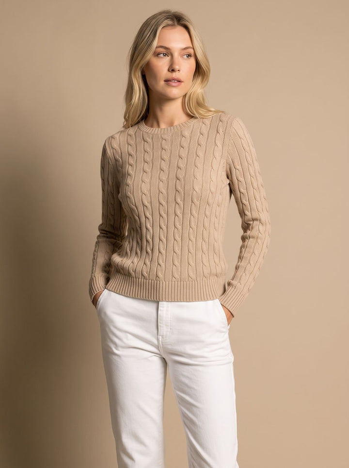 Women's Relaxed Cable Knit Sweater Round Neckline Long Sleeve - Khaki