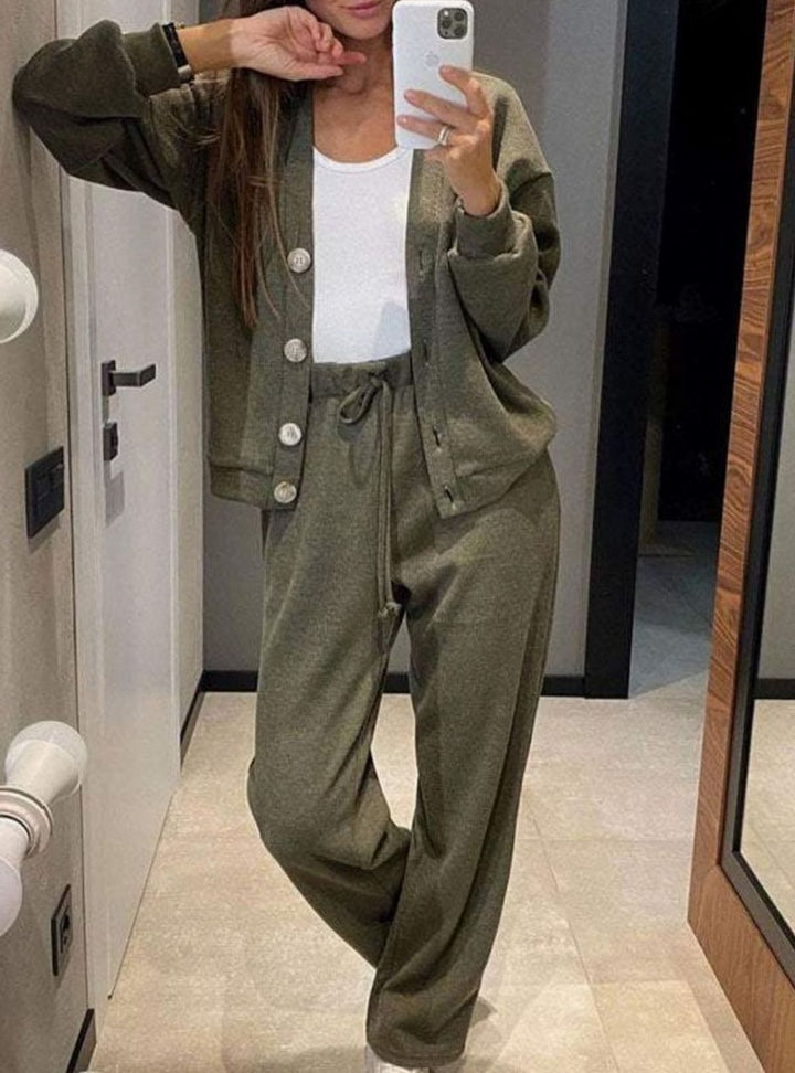 Women's Relaxed Cardigan Drawstring Pants Two-Piece Set - Green