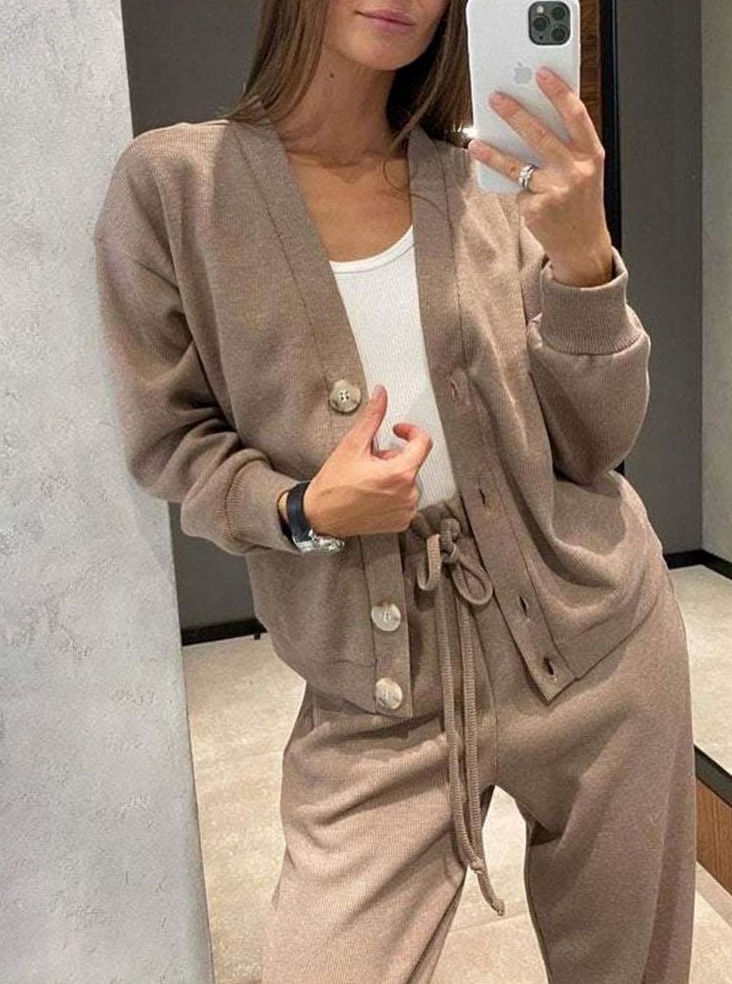 Women's Relaxed Cardigan Drawstring Pants Two-Piece Set - Beige