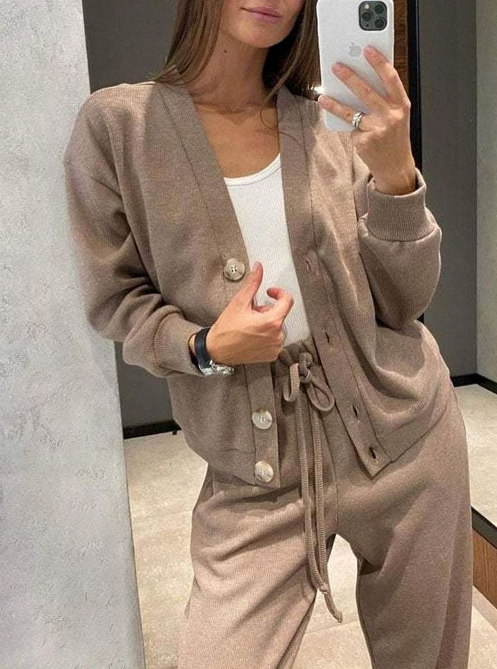 Women's Relaxed Cardigan Drawstring Pants Two-Piece Set - Beige