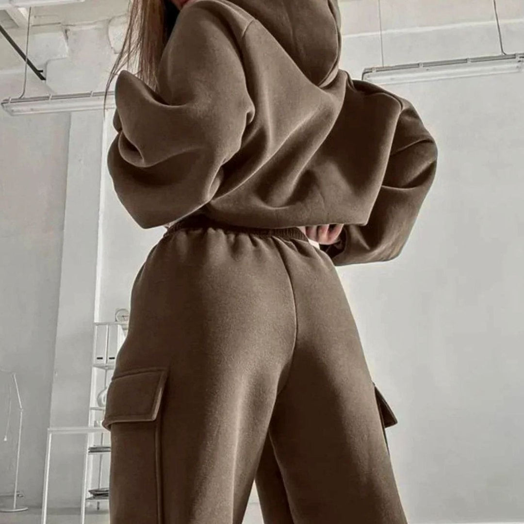 Women's Relaxed Cargo Pocket Hoodie Jogger Set Two-Piece Tracksuit