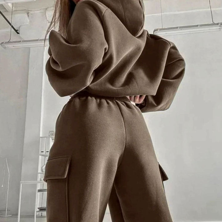Women's Relaxed Cargo Pocket Hoodie Jogger Set Two-Piece Tracksuit