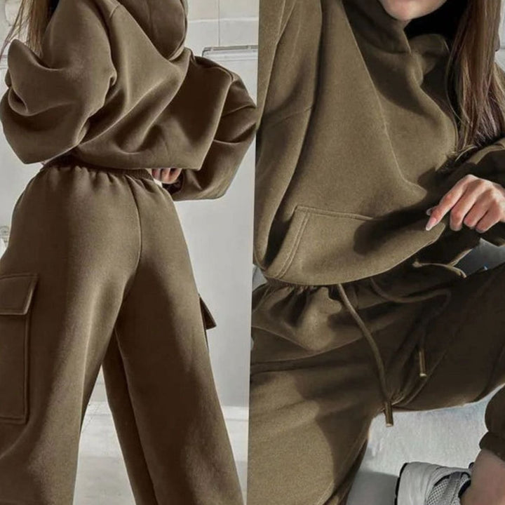 Women's Relaxed Cargo Pocket Hoodie Jogger Set Two-Piece Tracksuit - Khaki