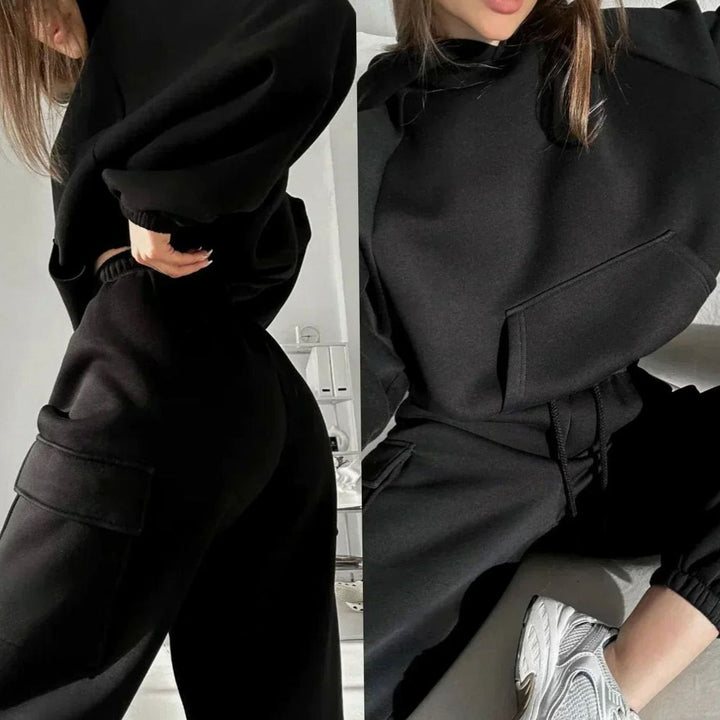 Women's Relaxed Cargo Pocket Hoodie Jogger Set Two-Piece Tracksuit - Black