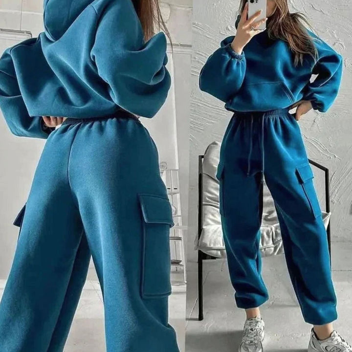 Women's Relaxed Cargo Pocket Hoodie Jogger Set Two-Piece Tracksuit - Blue