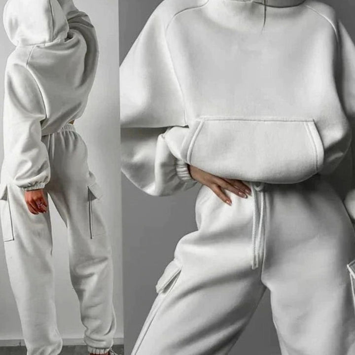 Women's Relaxed Cargo Pocket Hoodie Jogger Set Two-Piece Tracksuit - White