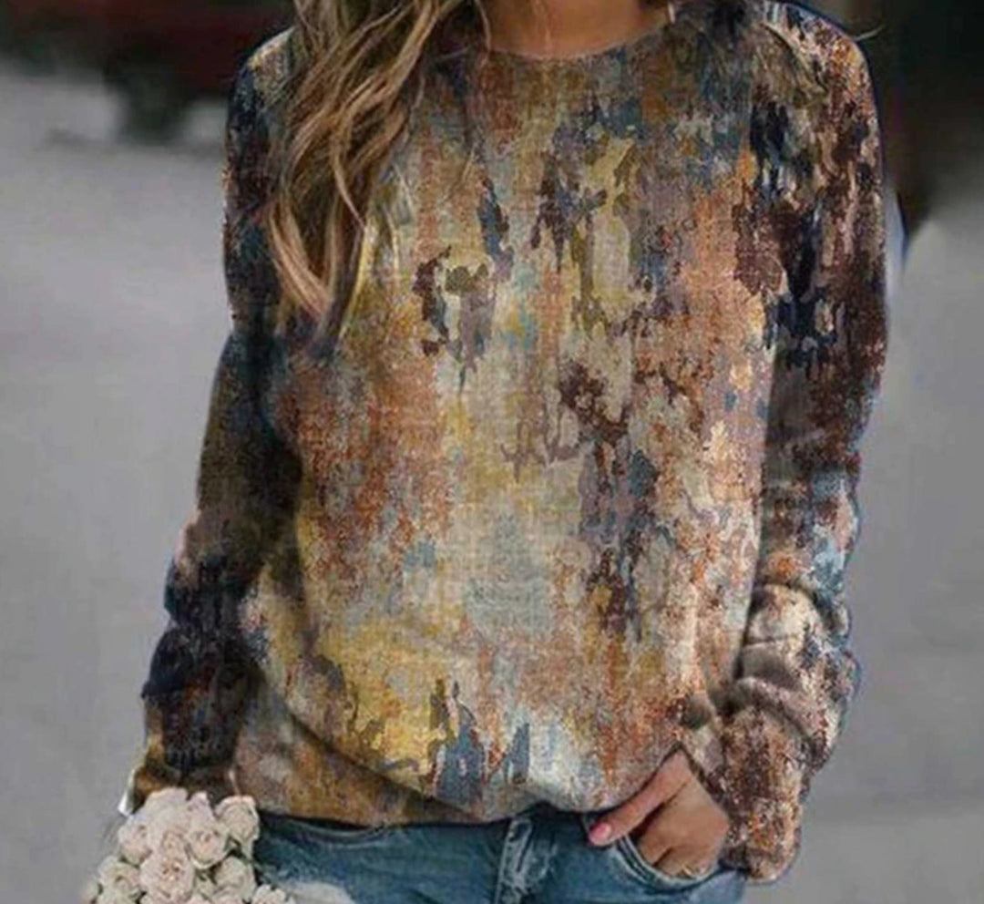 Women's Relaxed-Fit Abstract Print Long-Sleeve Sweater - Khaki