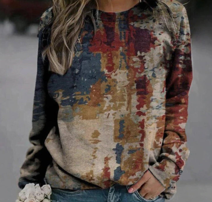 Women's Relaxed-Fit Abstract Print Long-Sleeve Sweater - Red