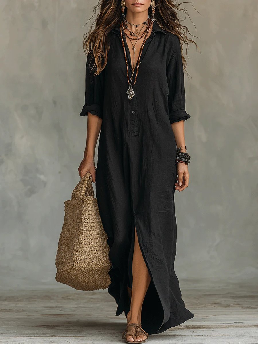 Women's Relaxed-Fit Button-Down Long Sleeve Dress Boho Maxi - Black