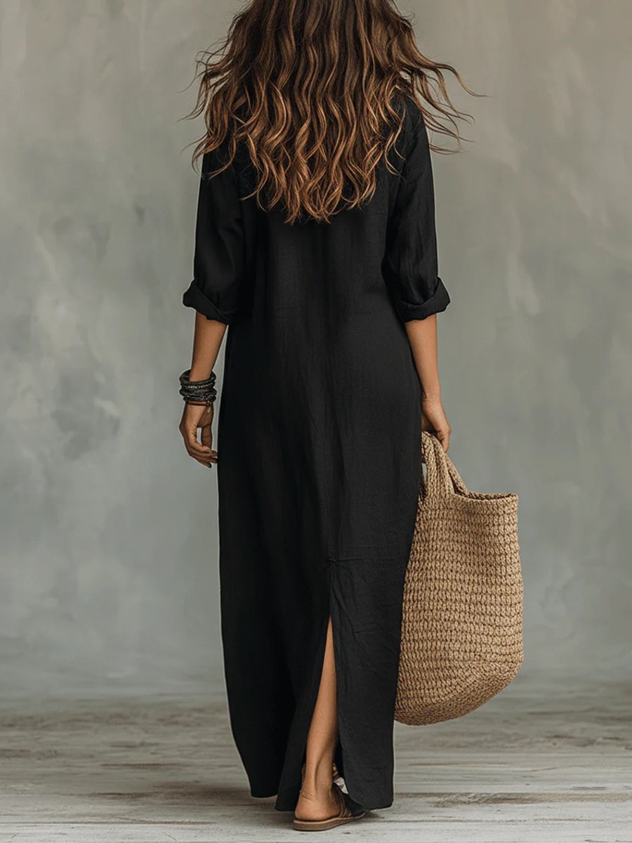 Women's Relaxed-Fit Button-Down Long Sleeve Dress Boho Maxi