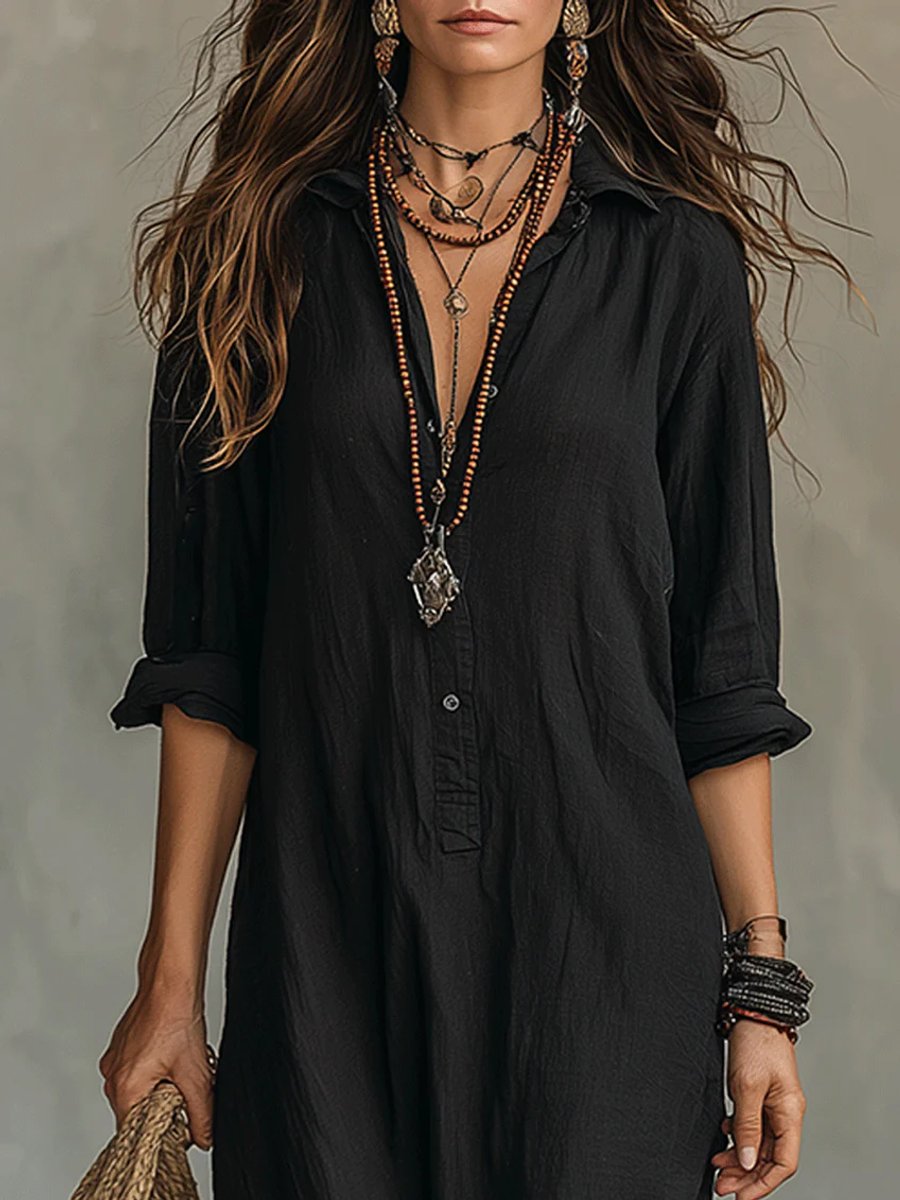 Women's Relaxed-Fit Button-Down Long Sleeve Dress Boho Maxi