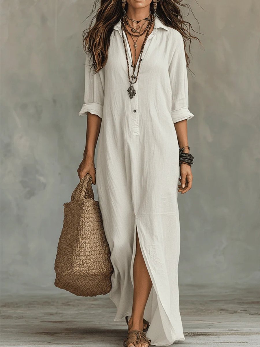 Women's Relaxed-Fit Button-Down Long Sleeve Dress Boho Maxi - White