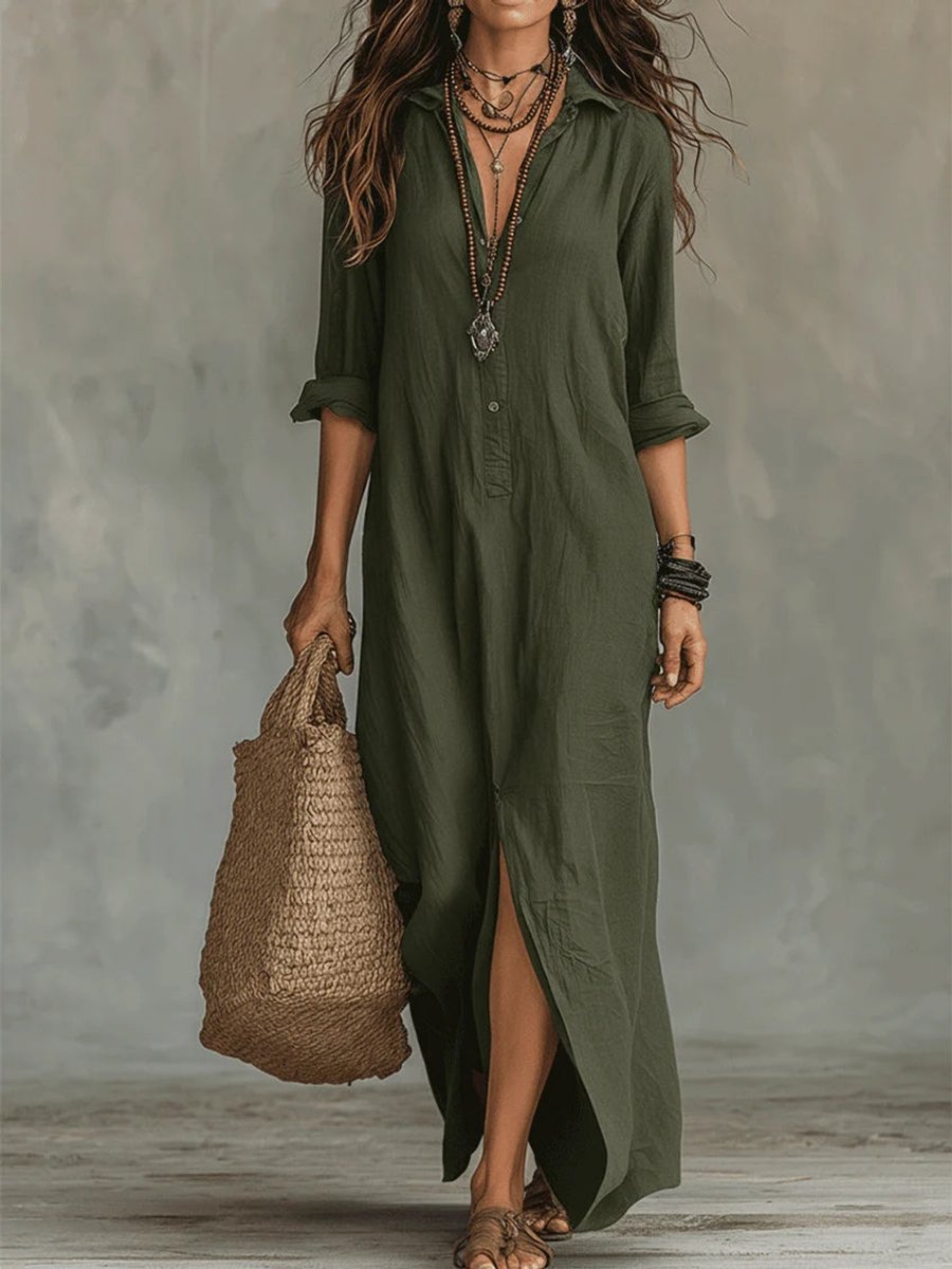 Women's Relaxed-Fit Button-Down Long Sleeve Dress Boho Maxi - Green