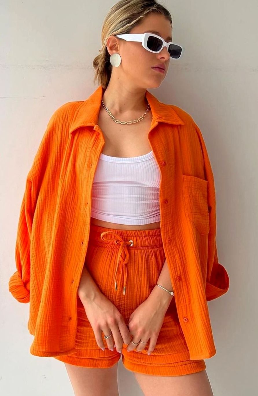 Women's Relaxed-Fit Button-Down Shirt and Shorts Set - Orange