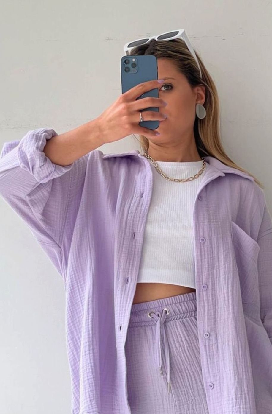Women's Relaxed-Fit Button-Down Shirt and Shorts Set - Purple