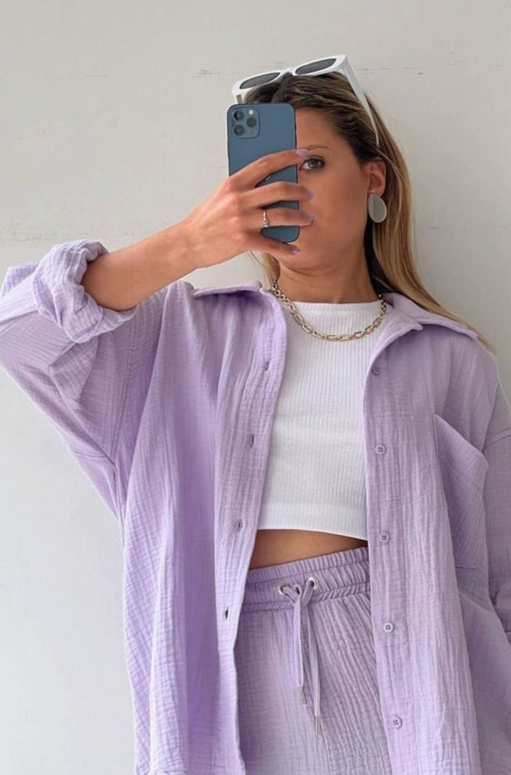 Women's Relaxed-Fit Button-Down Shirt and Shorts Set - Purple