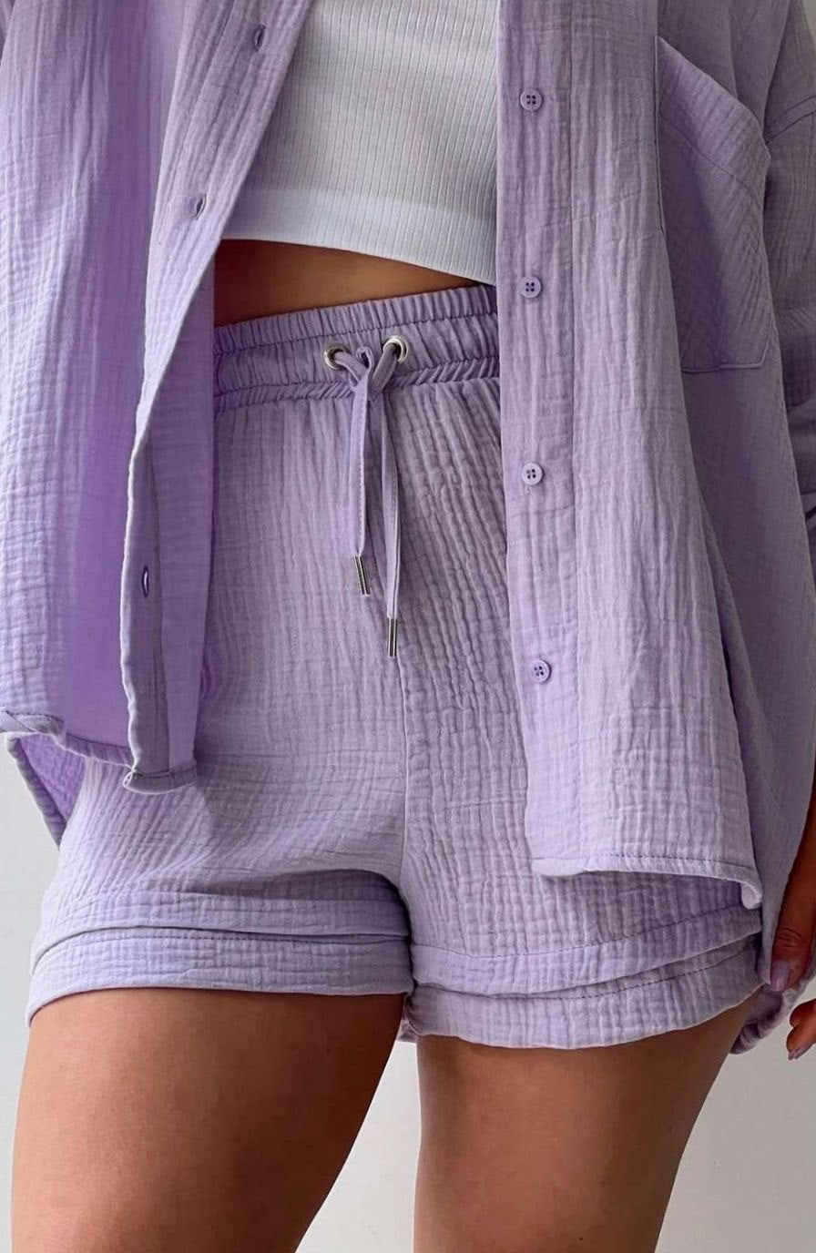 Women's Relaxed-Fit Button-Down Shirt and Shorts Set - Purple