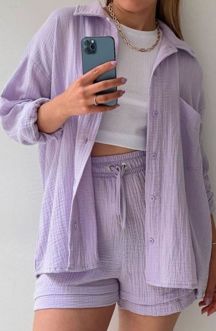Women's Relaxed-Fit Button-Down Shirt and Shorts Set - Purple