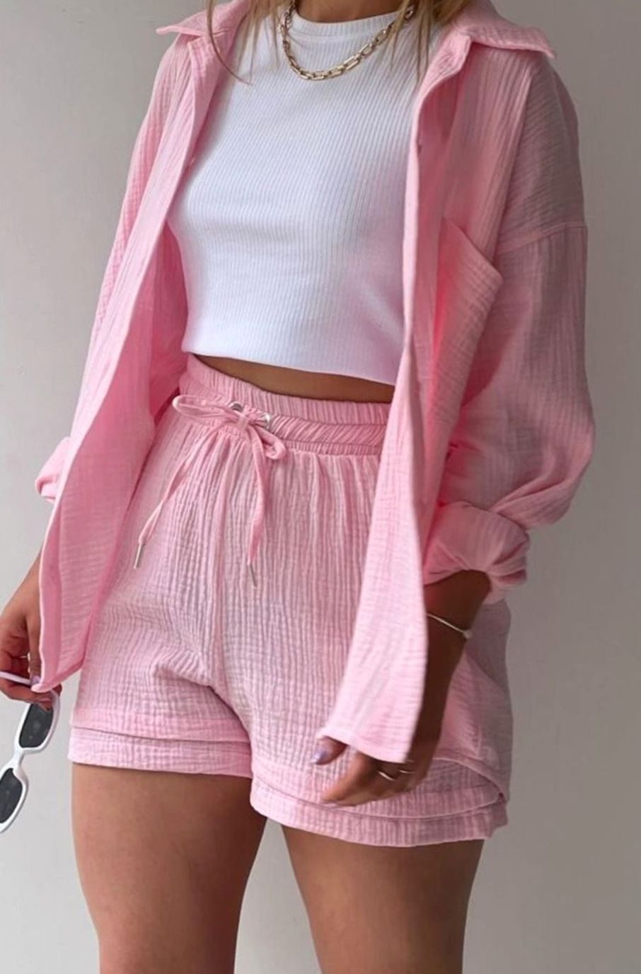 Women's Relaxed-Fit Button-Down Shirt and Shorts Set - Pink
